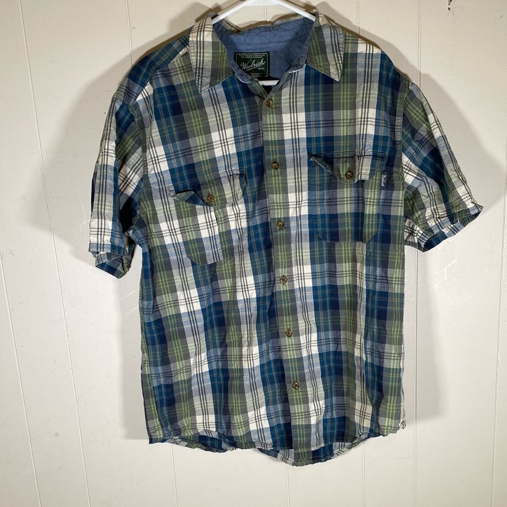 Men's‎ Woolrich Green and Blue casual button down Plaid Shirt size large shirt